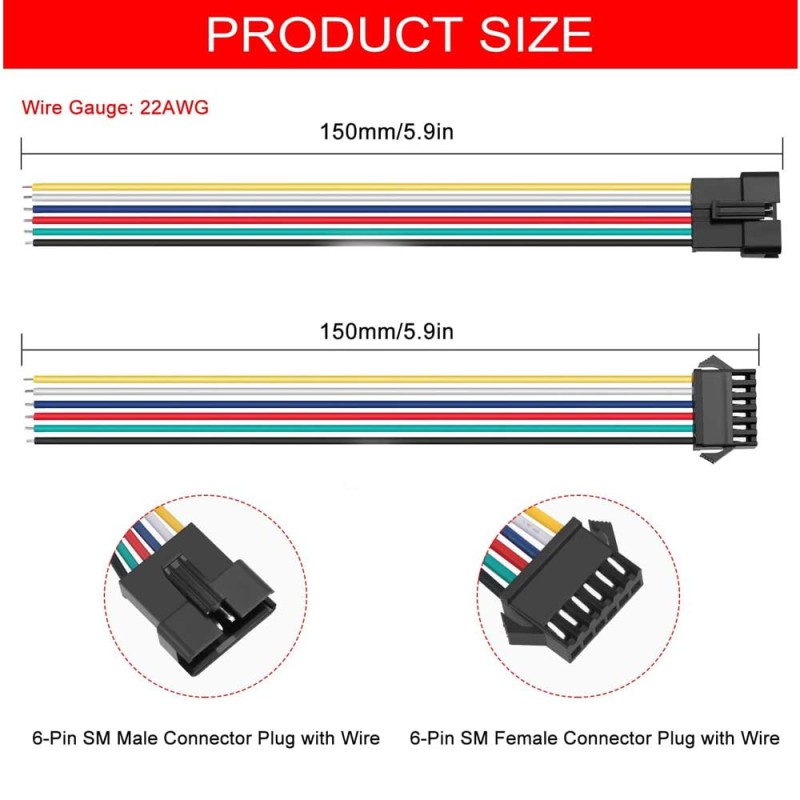 Conector SM 6 pines con cable 22 AWG - 5M/5H (pack 10 unidades)